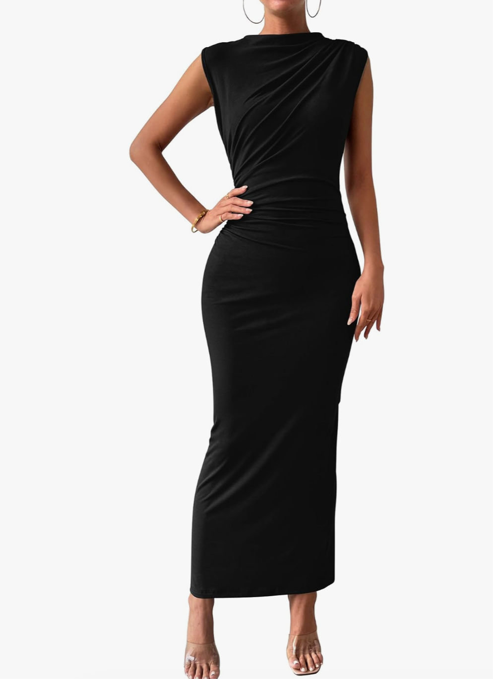 A woman wearing a black sleeveless ruched bodycon midi dress with clear heels, styled as a sophisticated and flattering outfit for cruise formal night.