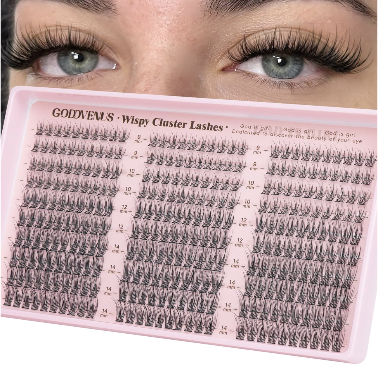 Pink tray of Goddvenus wispy cluster lashes below a close-up of eyes wearing the finished lashes.