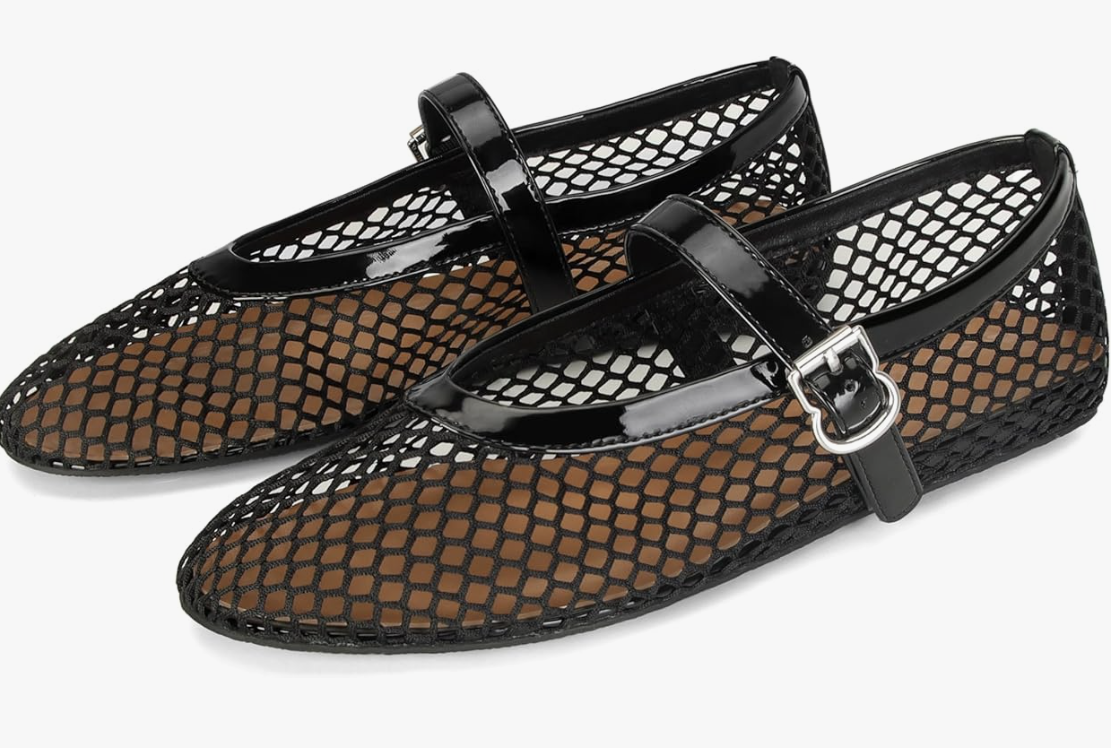 Product shot of black mesh Mary Jane ballet flats with a buckle strap, featured as a trendy footwear choice to add texture to a baggy jeans outfit.