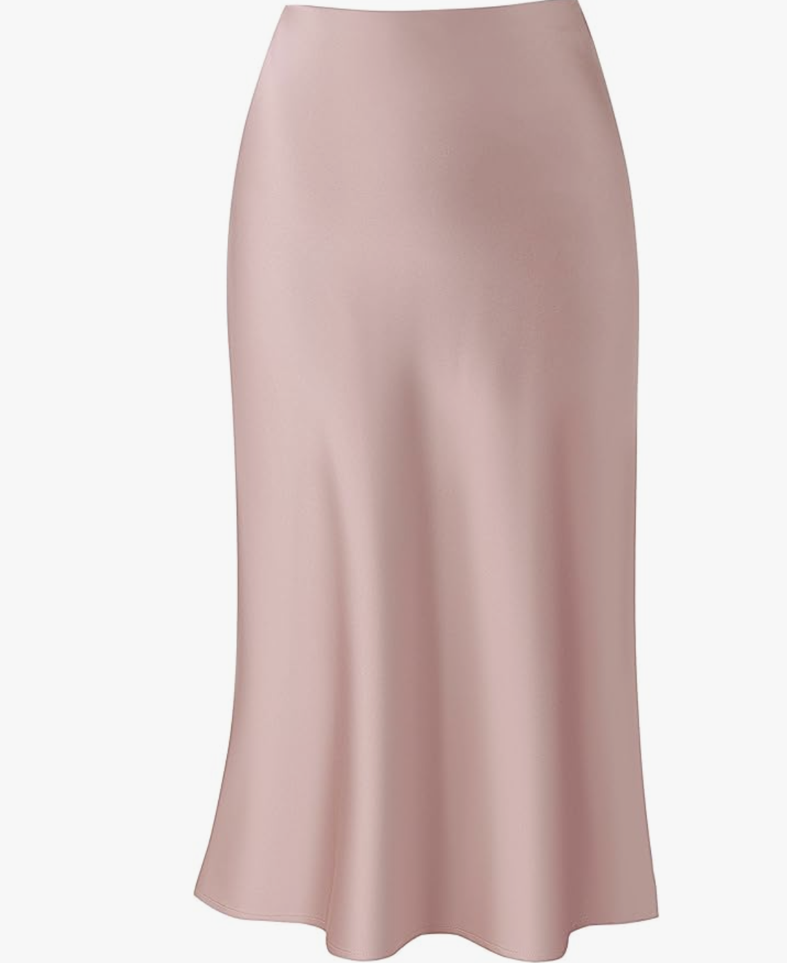 A close-up of a dusty pink satin midi skirt with a smooth, high-waisted fit, styled for a summer outfit idea.
