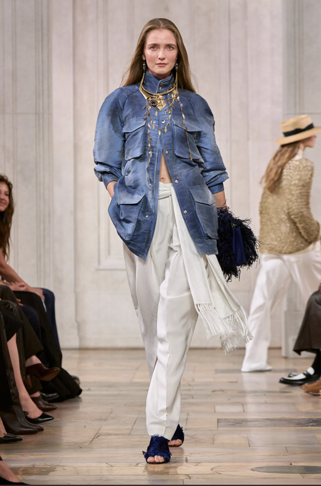 Ralph Lauren Spring 2027 runway look pairing a brocade jacket with cargo pants
