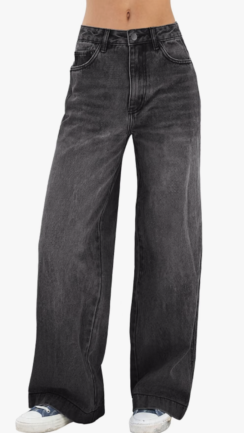 Woman wearing relaxed wide-leg jeans from Amazon with a roomy fit through the hips and legs.