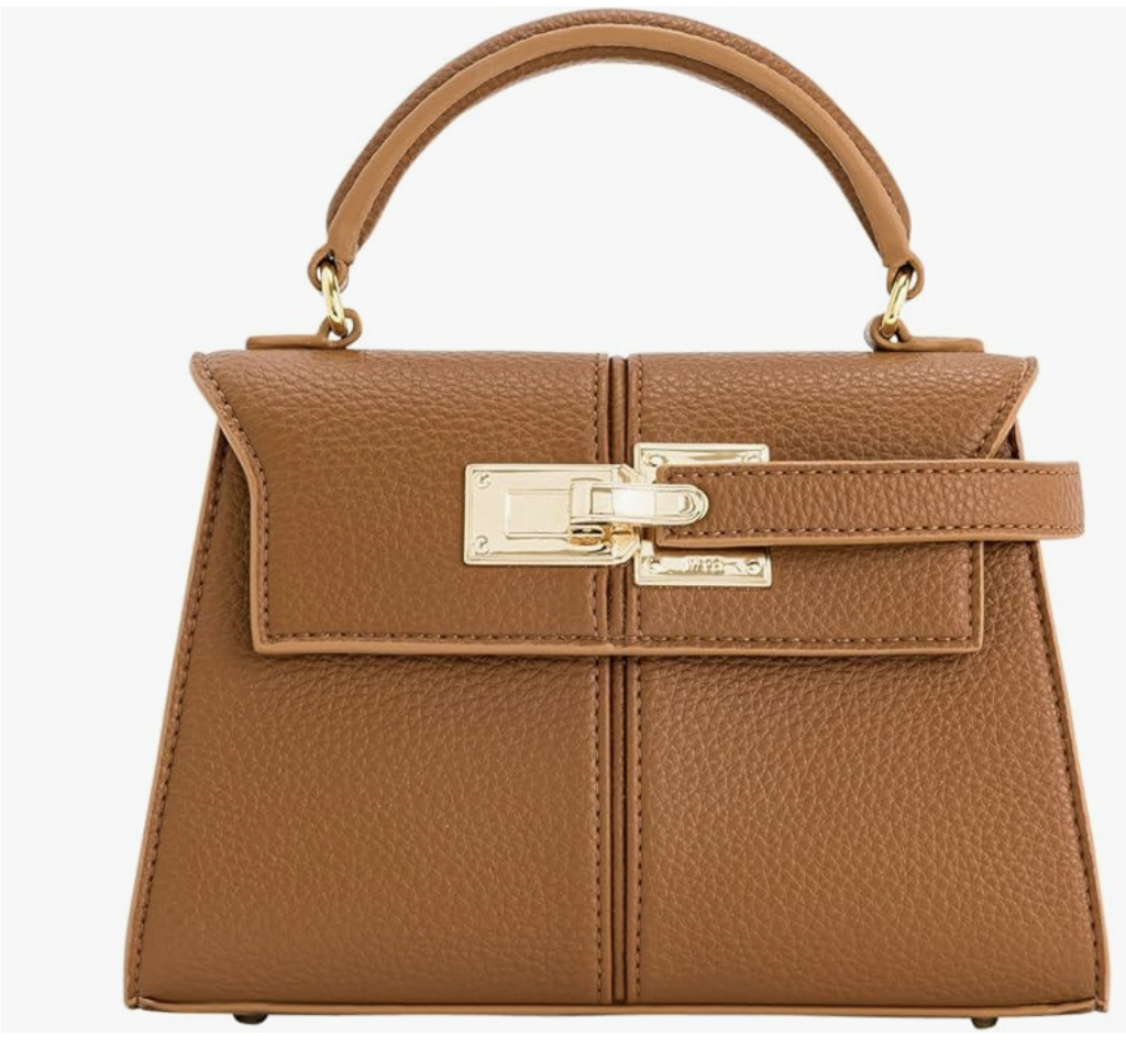 A structured tan brown JW Carmen handbag featuring a trapezoid shape, a single top handle, and a silver logo buckle clasp.