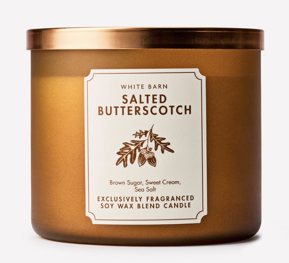 Bath & Body Works Salted Butterscotch three-wick candle.