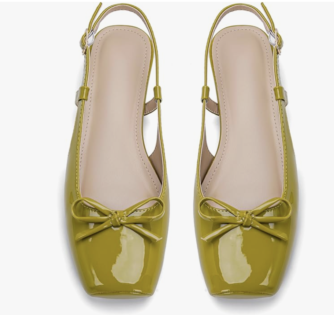 A pair of lime green satin slingback ballet flats featuring a square toe and a dainty bow detail on a transparent background.