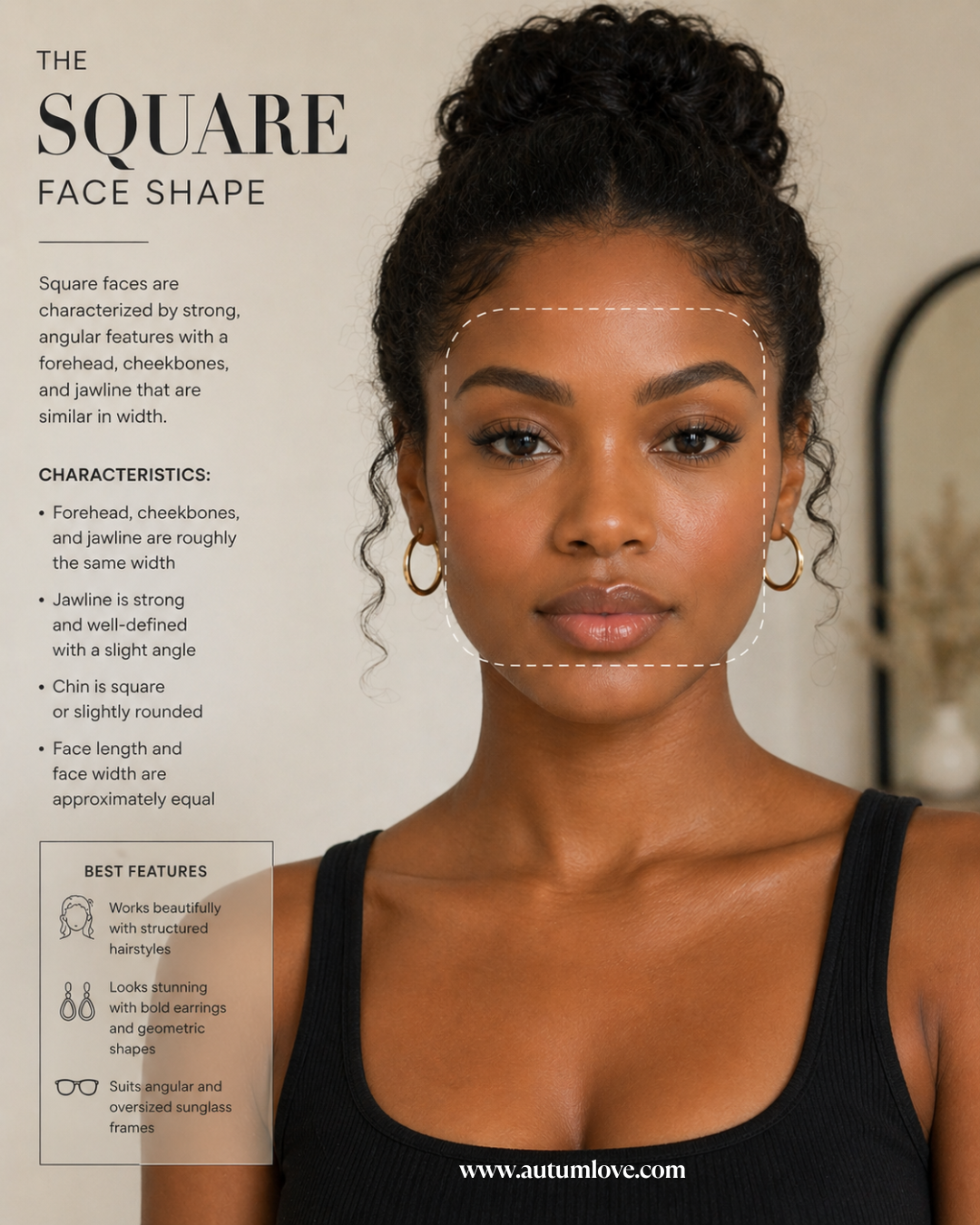 An infographic of a woman with a square face shape, highlighting a strong angular jawline and equal proportions between the forehead, cheekbones, and jaw.