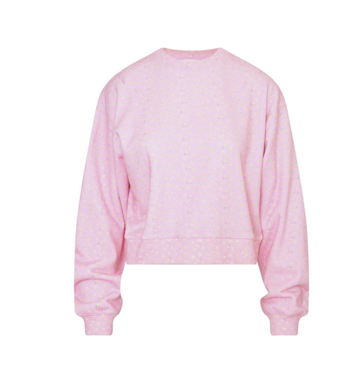 LoveShackFancy Emparo Pullover, Rubin Cropped Tee, and Lolana Sweatpant displayed in the pink floral Polaroid Rose print.