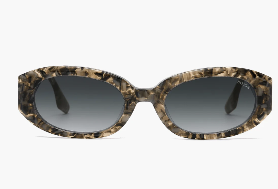 A pair of mini oval-shaped sunglasses featuring a light-colored tortoise shell frame and grey gradient lenses, shown from a front-facing perspective.