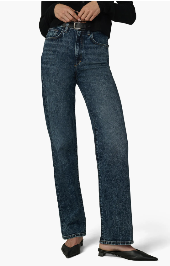 A person with an hourglass figure wearing Joe's Jeans The Margot high-waisted relaxed straight-leg jeans in a vintage wash, showing the comfortable fit through the hips and the straight-leg silhouette.