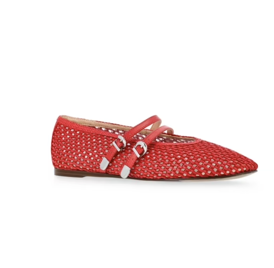 A pair of Madden NYC women's woven ballet flats in a vibrant red raffia material, featuring a pointed toe and double buckled Mary Jane straps with silver hardware.