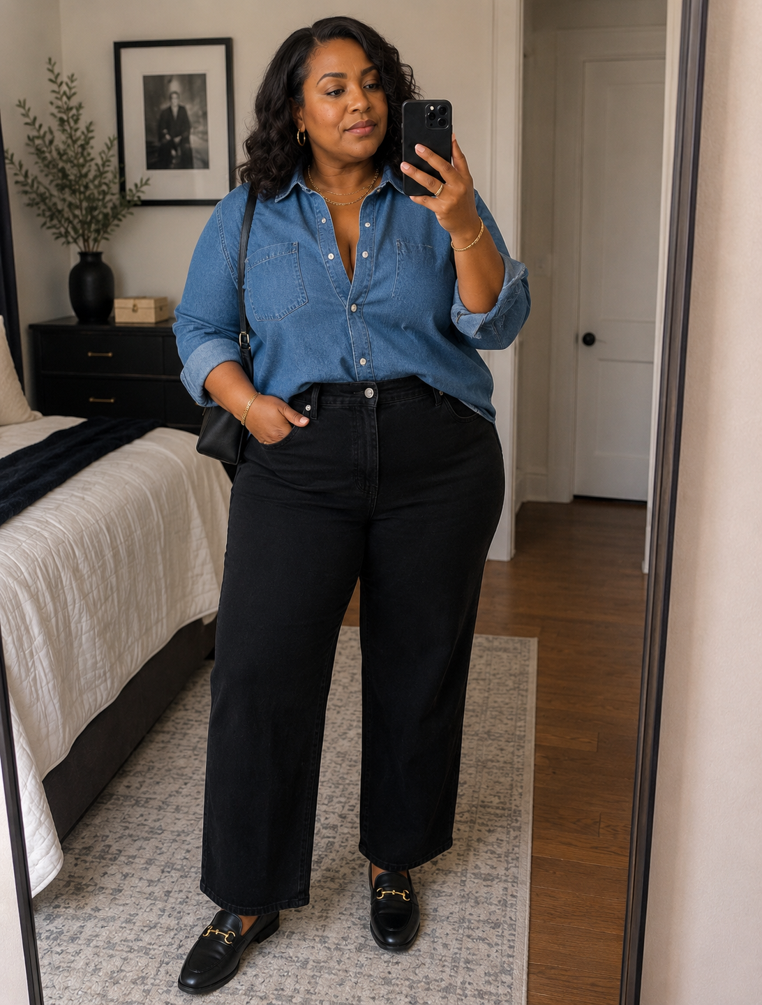 A woman taking a mirror selfie wearing a classic blue denim button-down shirt tucked into black wide-leg jeans, paired with black leather horsebit loafers.