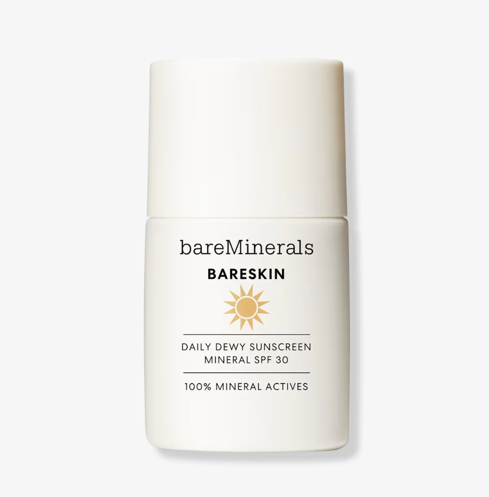 bareMinerals Bareskin Daily Dewy Sunscreen SPF 30 in a white bottle with gold sun branding, featuring 100% mineral actives.