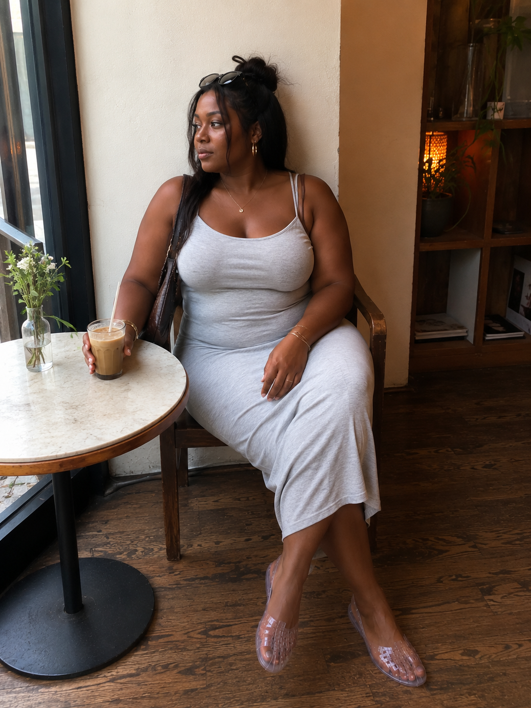 A woman sitting at a café table wearing a light grey ribbed midi dress with spaghetti straps, styled with translucent clear jelly flat shoes and a small dark shoulder bag.