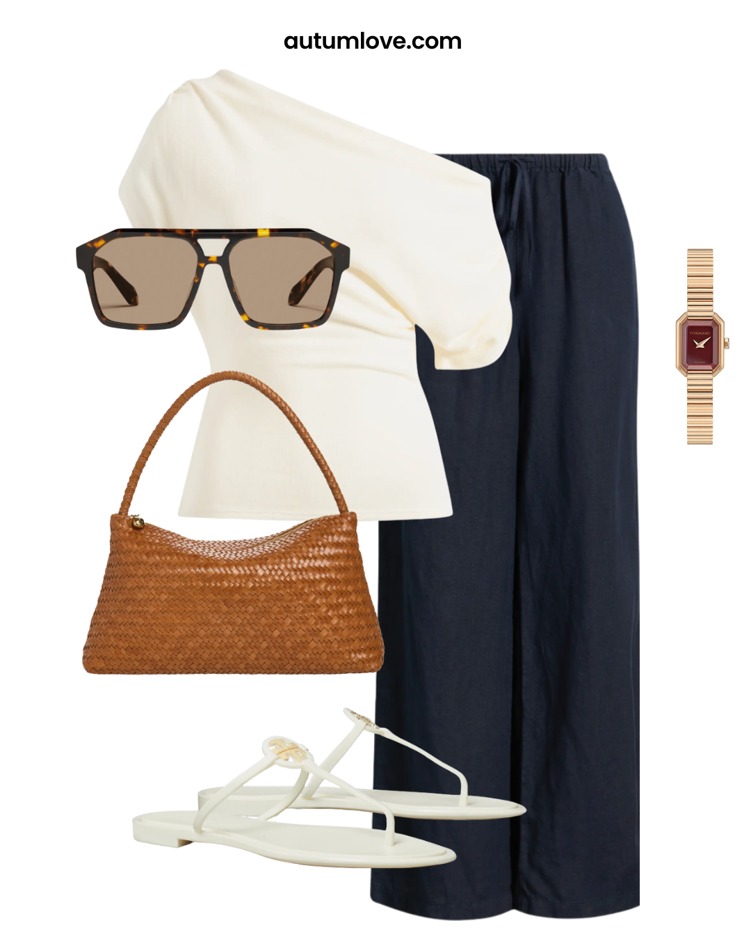 A curated summer work outfit formula featuring wide-leg navy linen trousers, a fitted cream sleeveless blouse, tortoise-shell sunglasses, a woven brown leather shoulder bag, and white strappy flat sandals.
