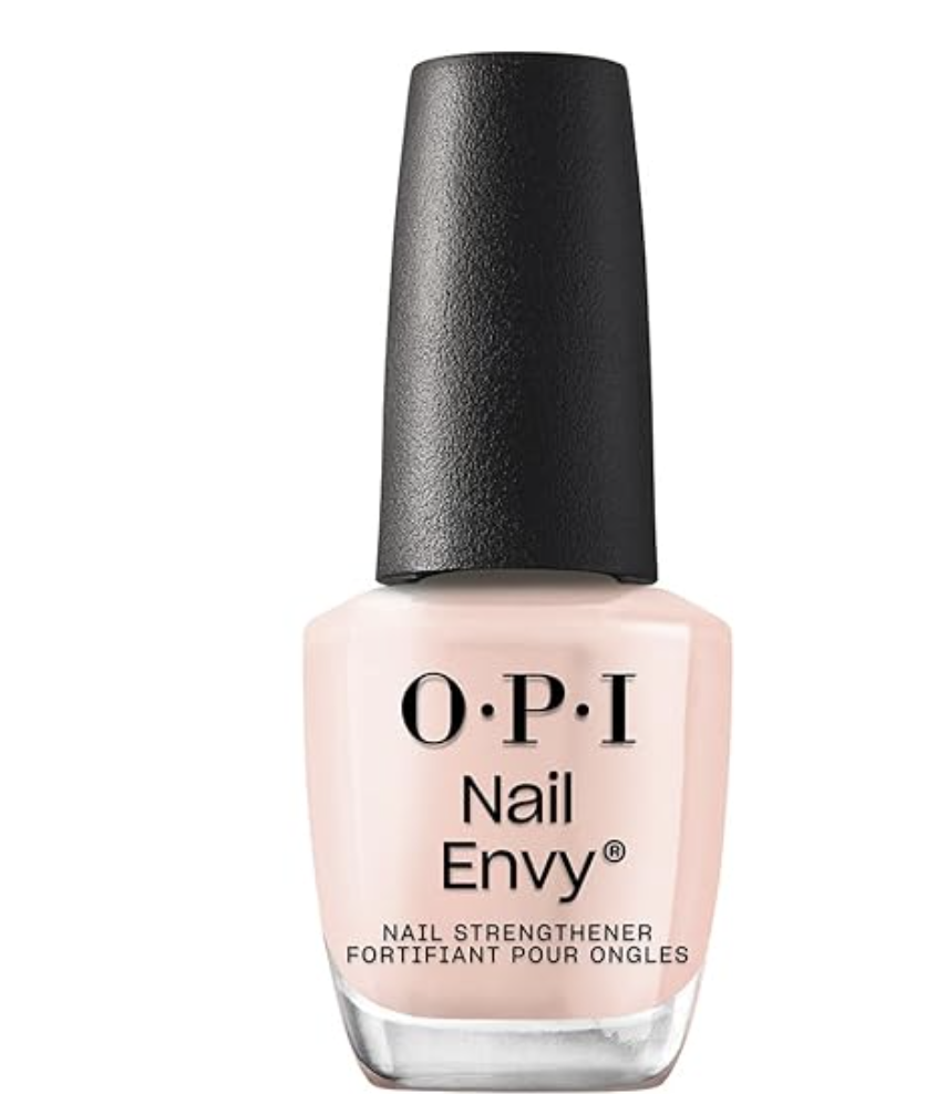 A bottle of OPI Nail Envy Nail Strengthener in the iconic Bubble Bath shade—a sheer, delicate candy-pink treatment for healthy spring nails.