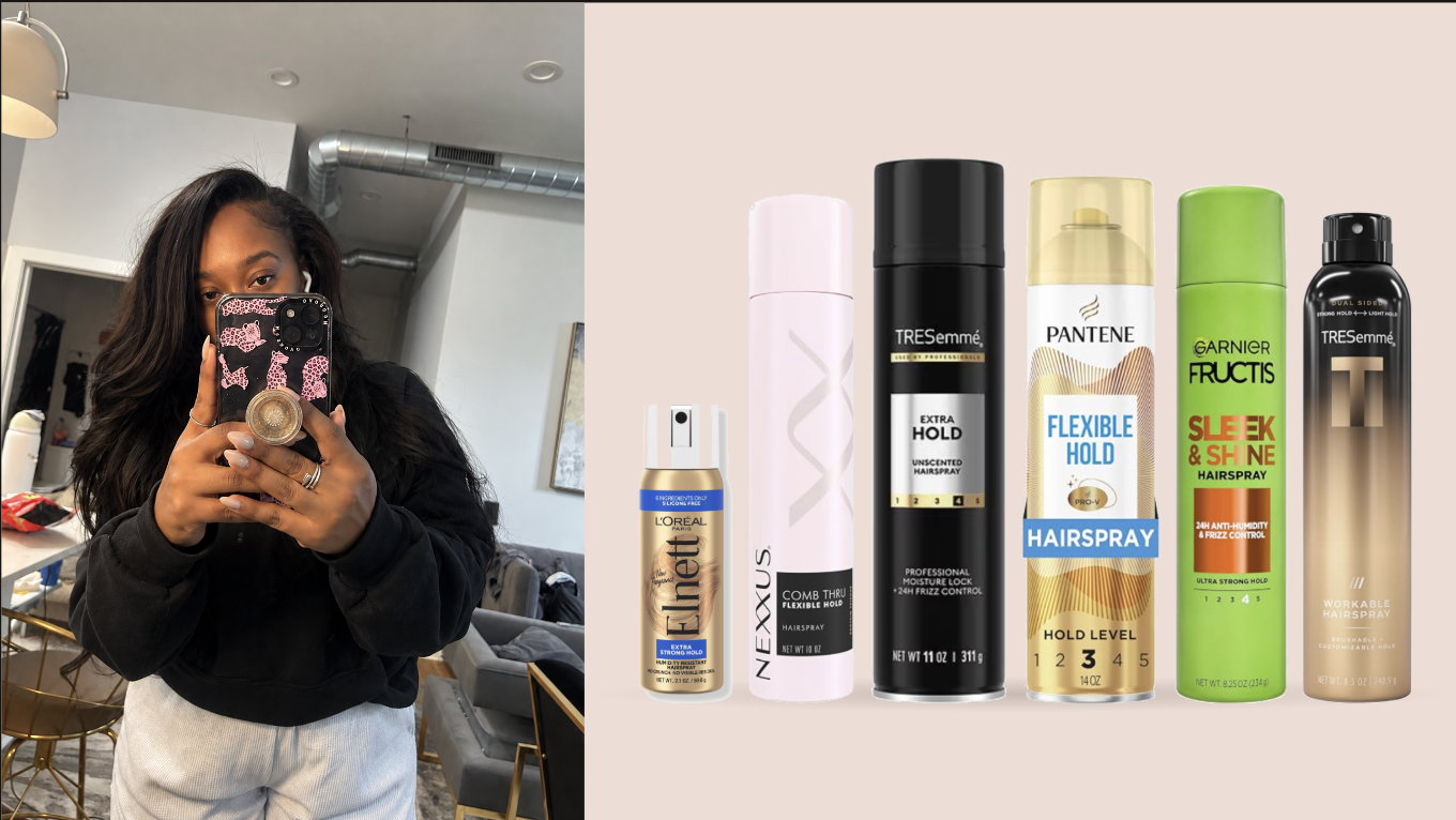 Autum Love taking a mirror selfie with long curly hair next to a lineup of seven drugstore hairsprays.