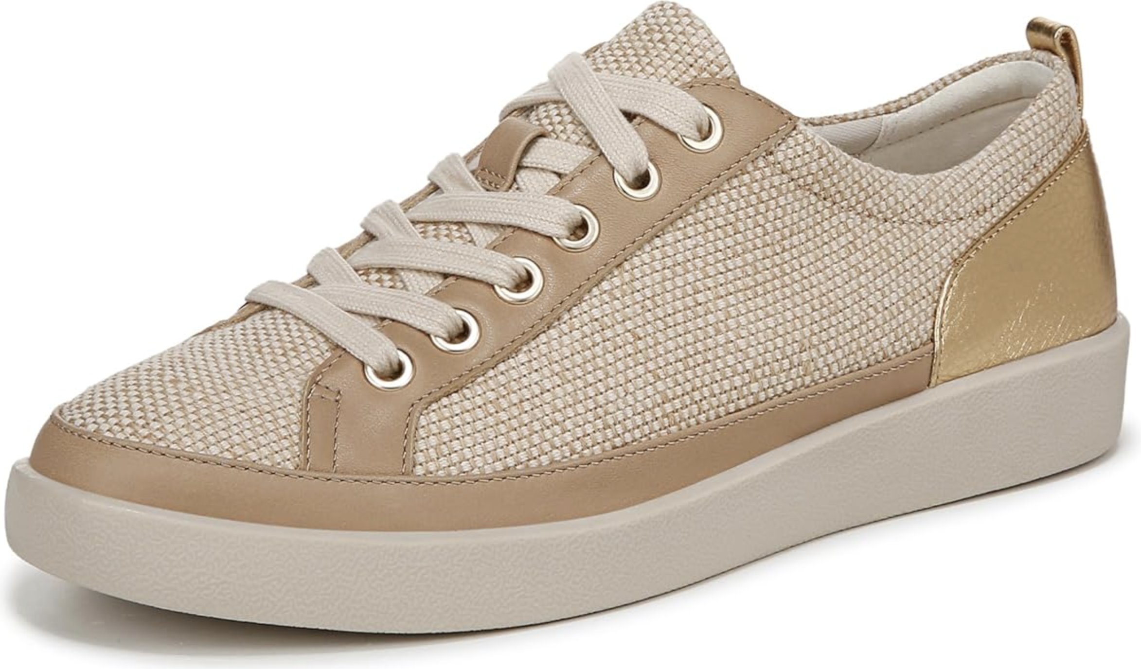 A side profile of the Vionic Winny Knit Sneaker in a tan and gold colorway, featuring a podiatrist-designed footbed for arch support and plantar fasciitis relief.