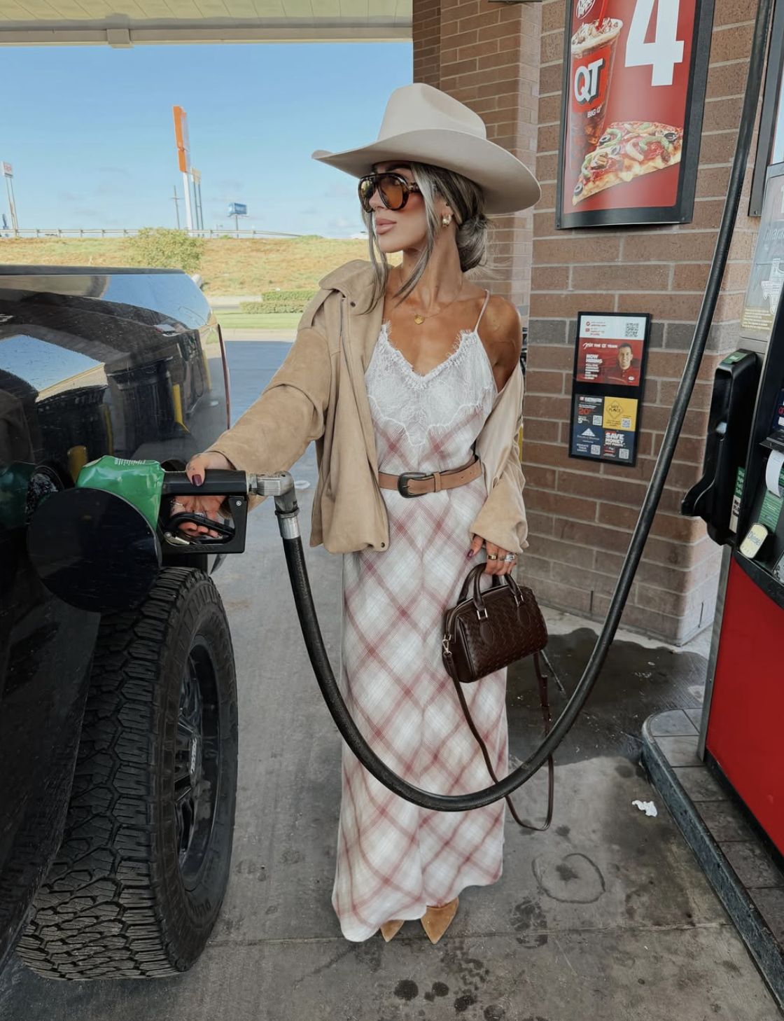 Full-length country concert outfit with slip dress denim jacket