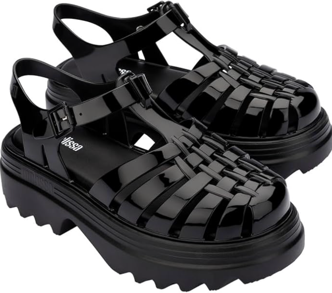 Melissa Possession Platform II jelly sandal in black, featuring a chunky lug sole and fisherman upper, styled to add height for a petite frame.