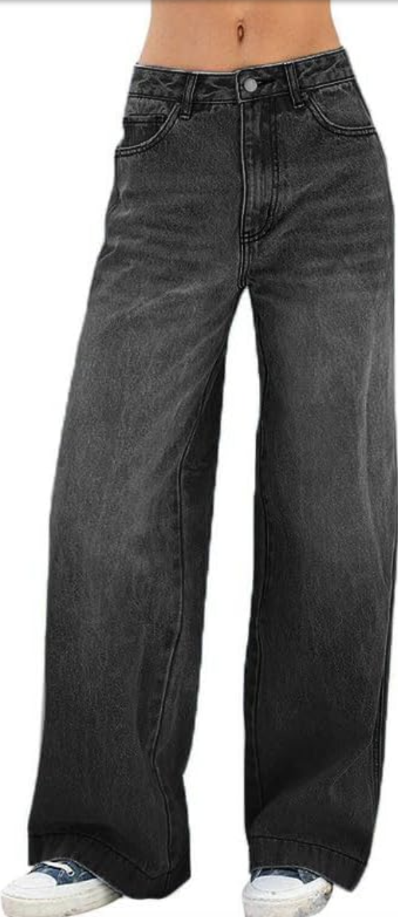 Woman wearing EMMIOL high-waisted wide-leg jeans in black showing the stretchy, tummy-smoothing fit.
