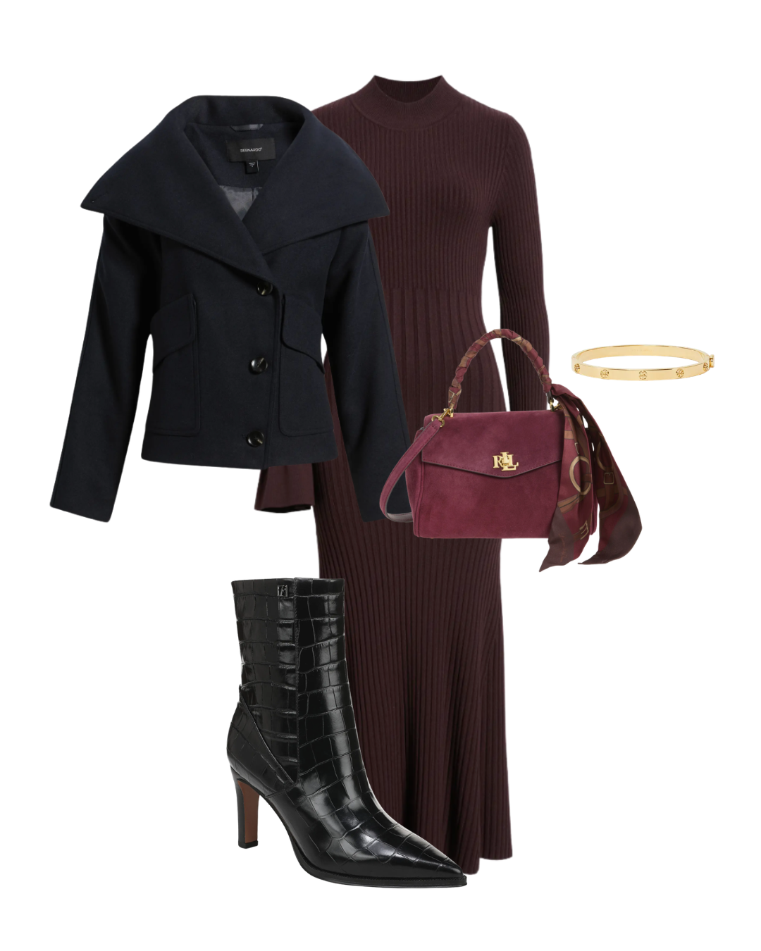 Full-length winter church outfit featuring ribbed sweater dress knee boots and practical footwear