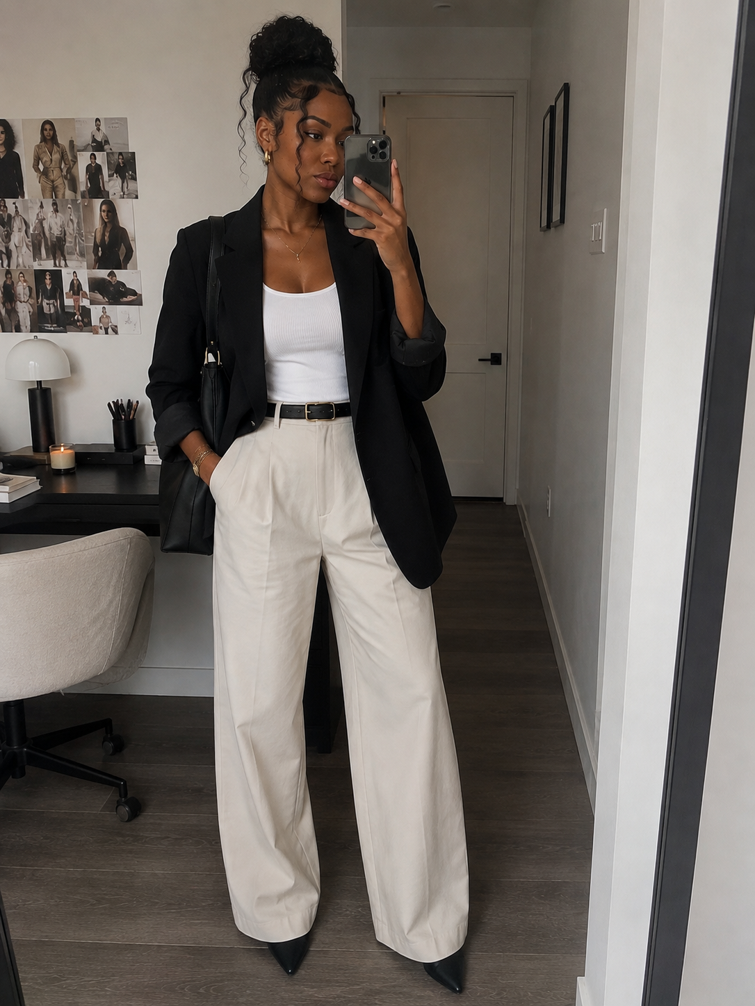 Woman checking her shoulder waist and hip proportions in a full