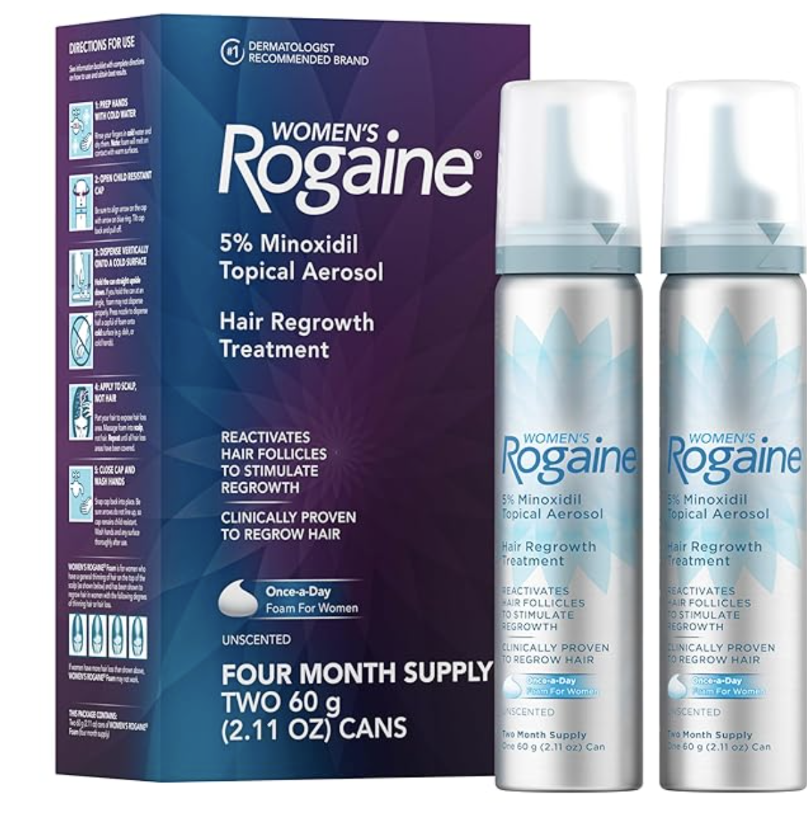 A blue and purple box of Women’s Rogaine 5% Minoxidil Topical Aerosol foam, a four-month supply, shown next to two white and blue foam canisters.