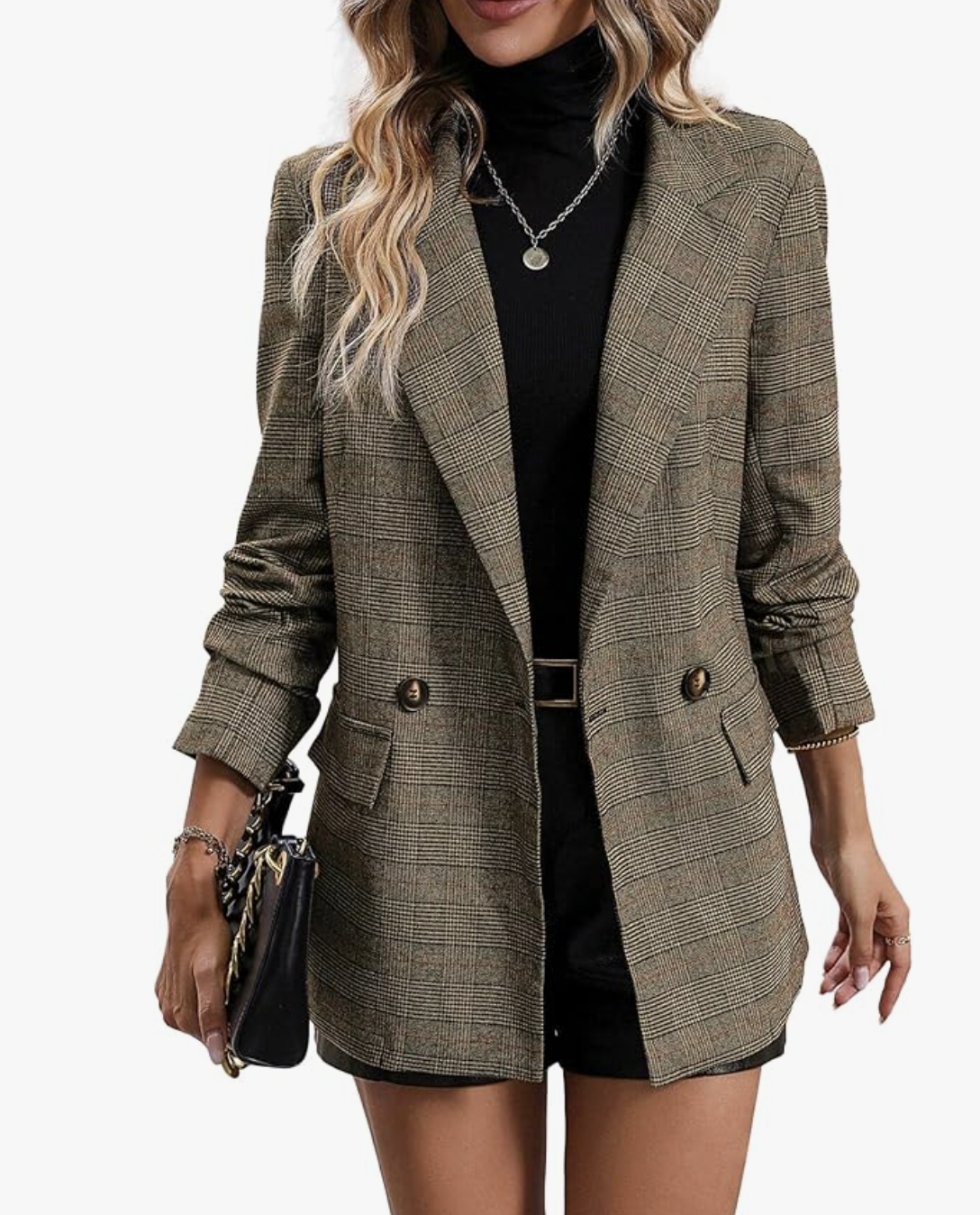 Professional style hack: the Mina Self Plaid Houndstooth Blazer from Amazon, featuring a structured double-breasted fit and earthy brown tones for an expensive, designer-inspired look.