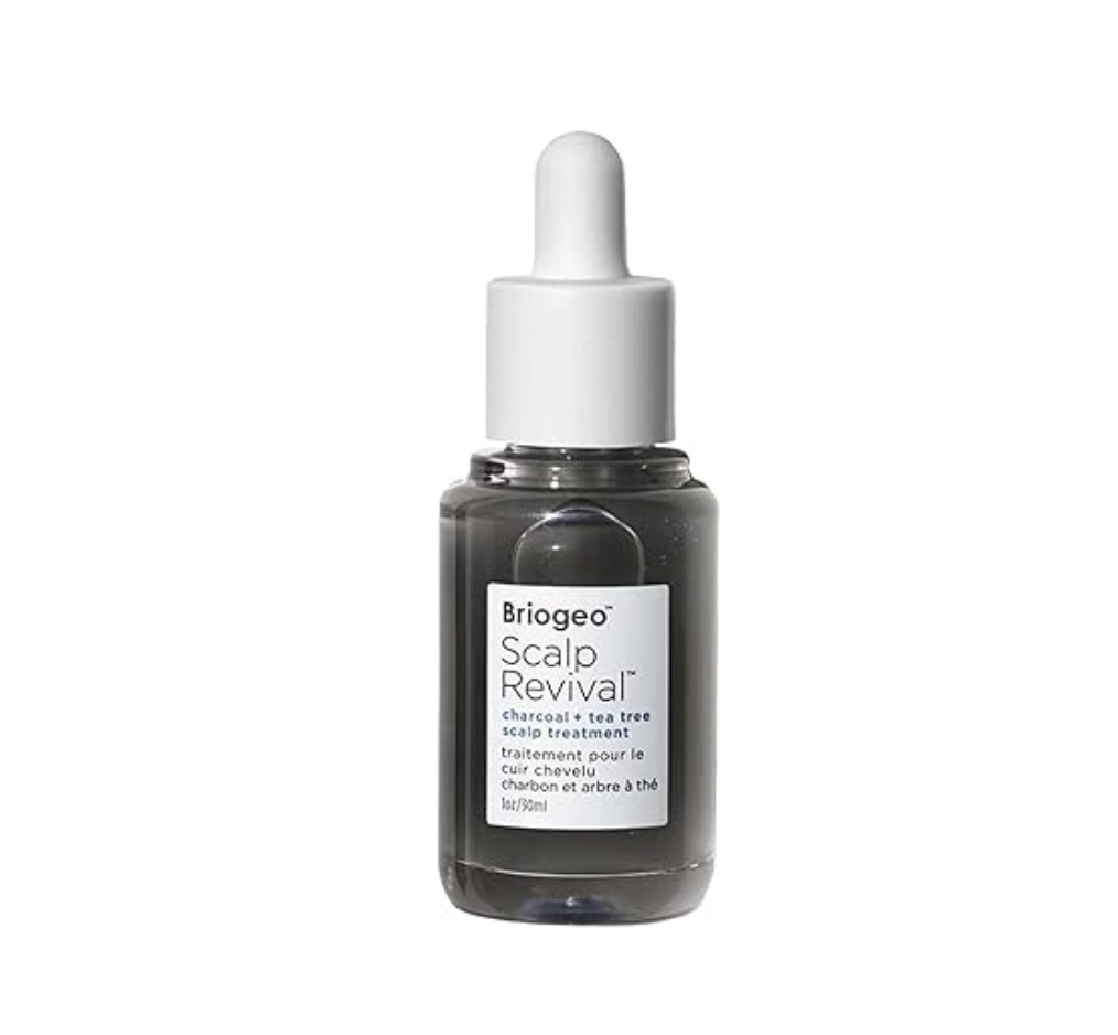 A dark grey glass dropper bottle of Briogeo Scalp Revival Charcoal and Tea Tree Scalp Treatment with a white label and a white dropper cap.