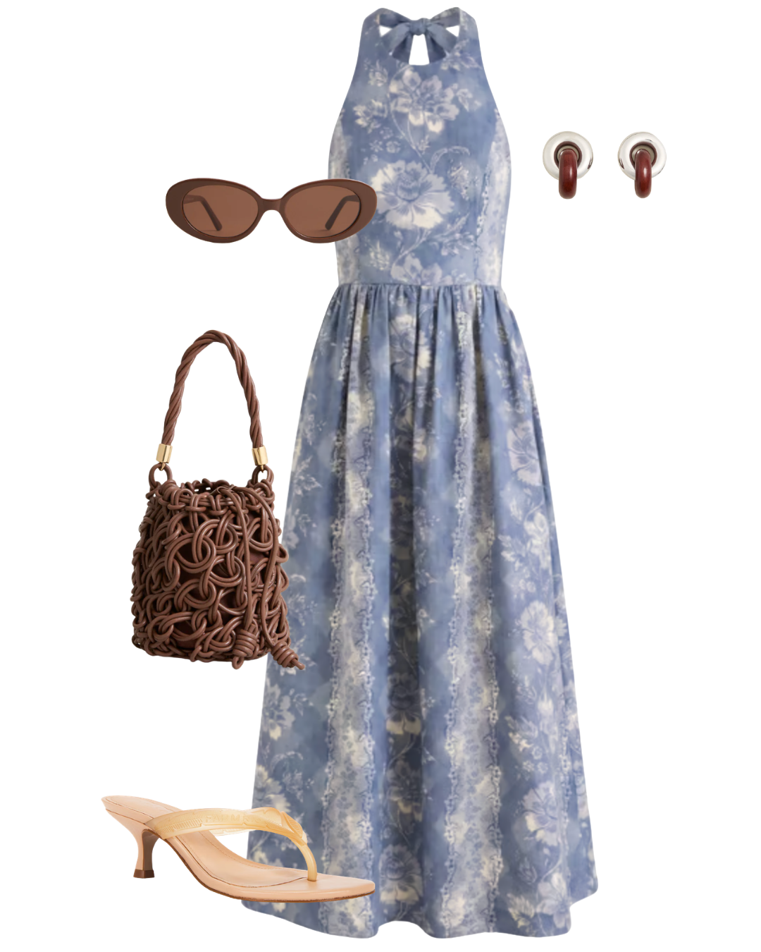 Editorial fashion flat lay of a cruise elegant formal night outfit featuring a blue and white floral halter midi dress, a dark brown woven swirl bucket bag, tortoiseshell sunglasses, and minimal drop earrings.