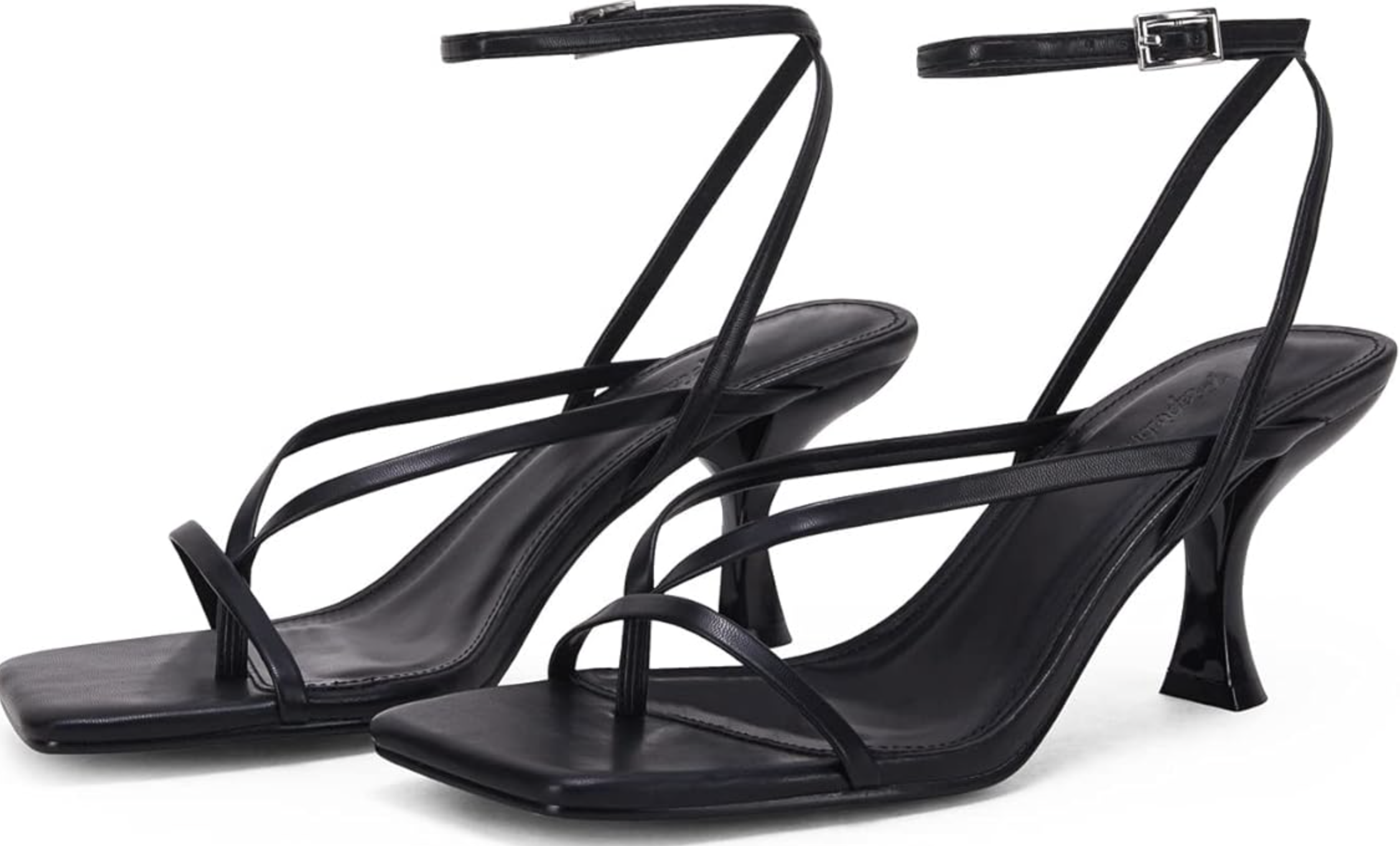 A pair of black strappy heeled sandals with a square toe and a slim kitten heel shown against a white background.