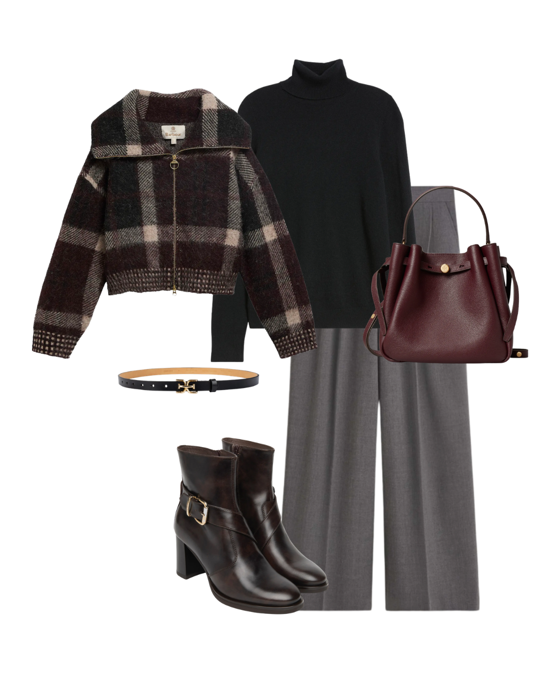 Full-length winter church outfit featuring wide leg trousers turtleneck and practical footwear