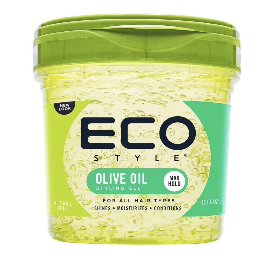 A large tub of light green Eco Style Olive Oil Styling Gel with a bright green lid against a white background.