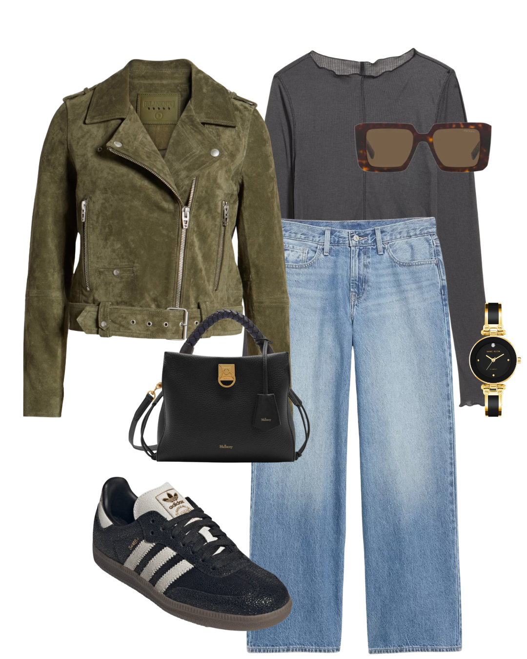 : Woman over 50 styling full-length wide-leg jeans with a fitted sweater and pointed flats.