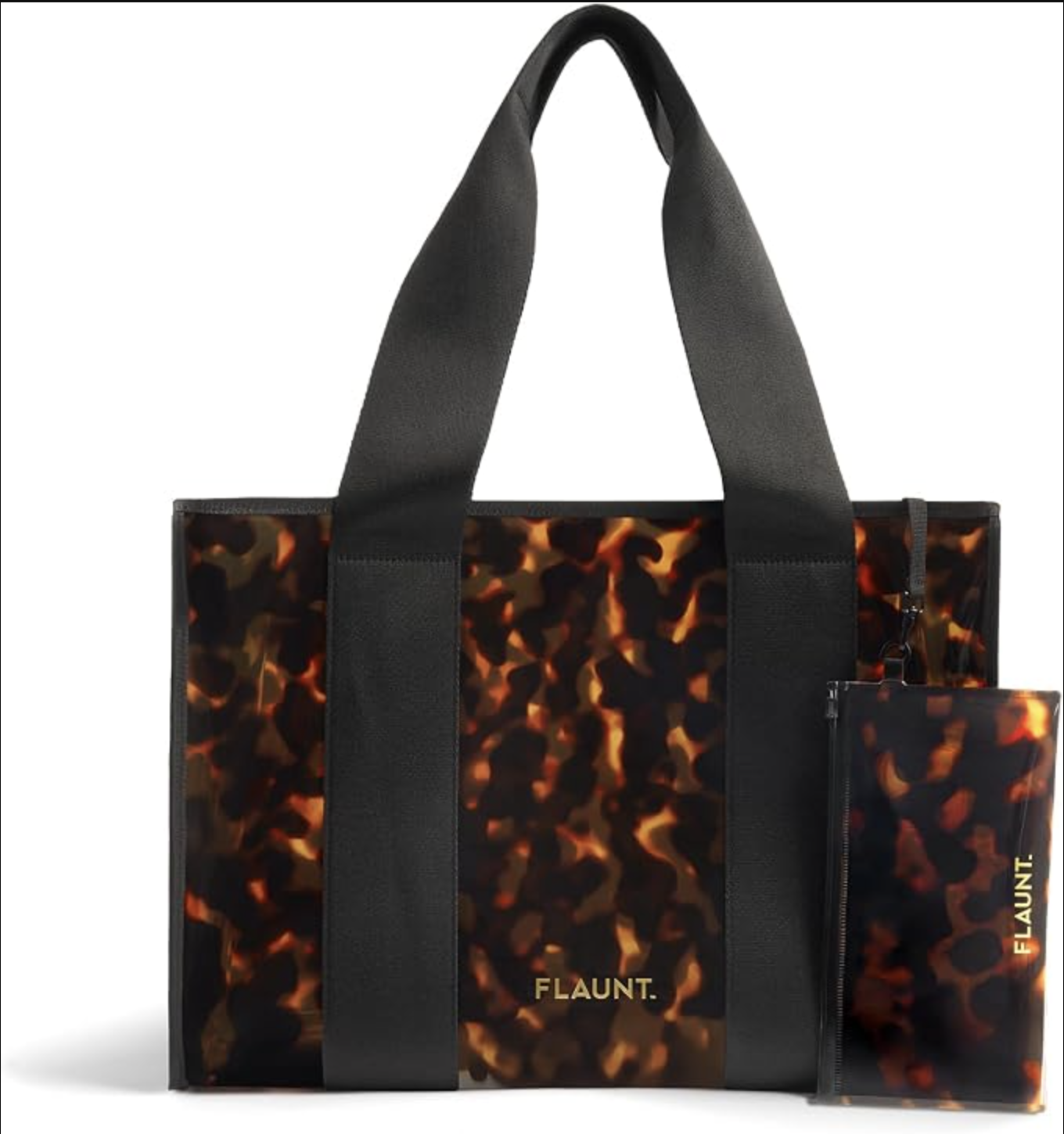 Glossy tortoiseshell FLAUNT Everyday Tote with wide straps and a matching zip pouch.