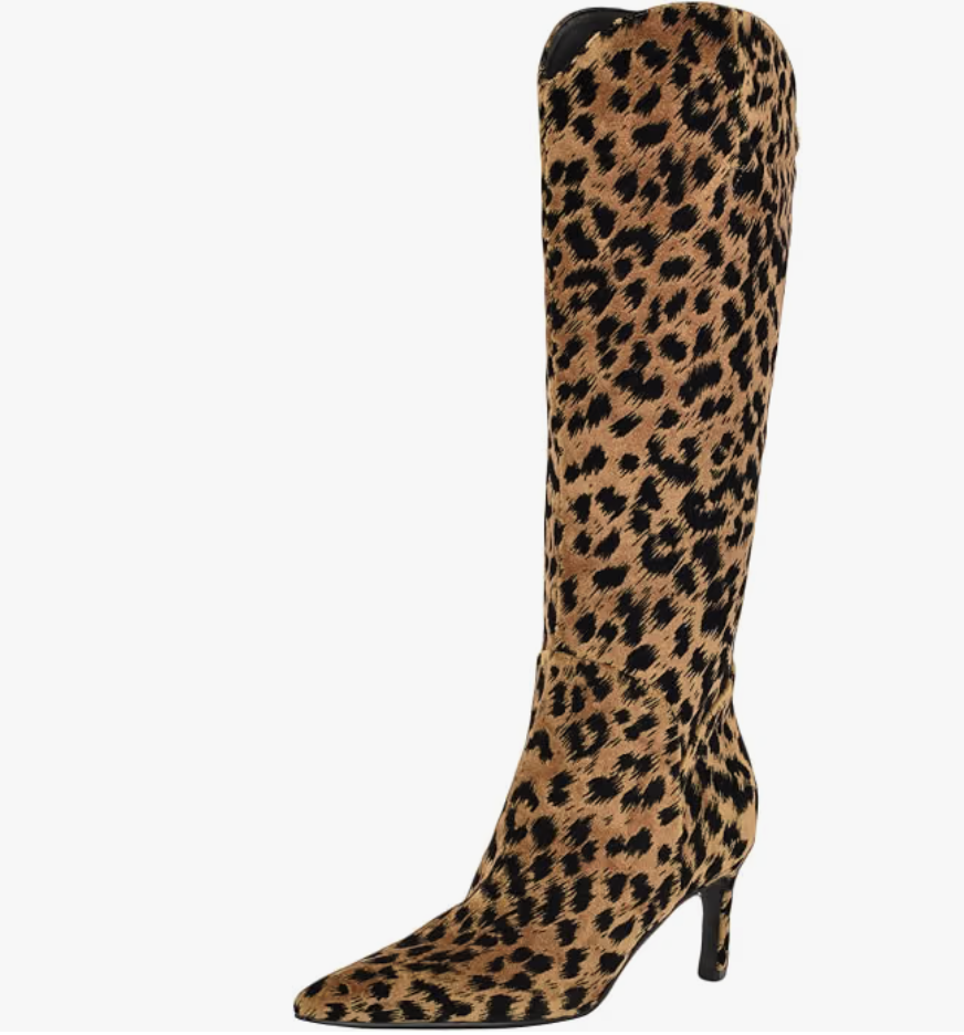 Leopard print knee-high boots with classic straight-leg jeans
