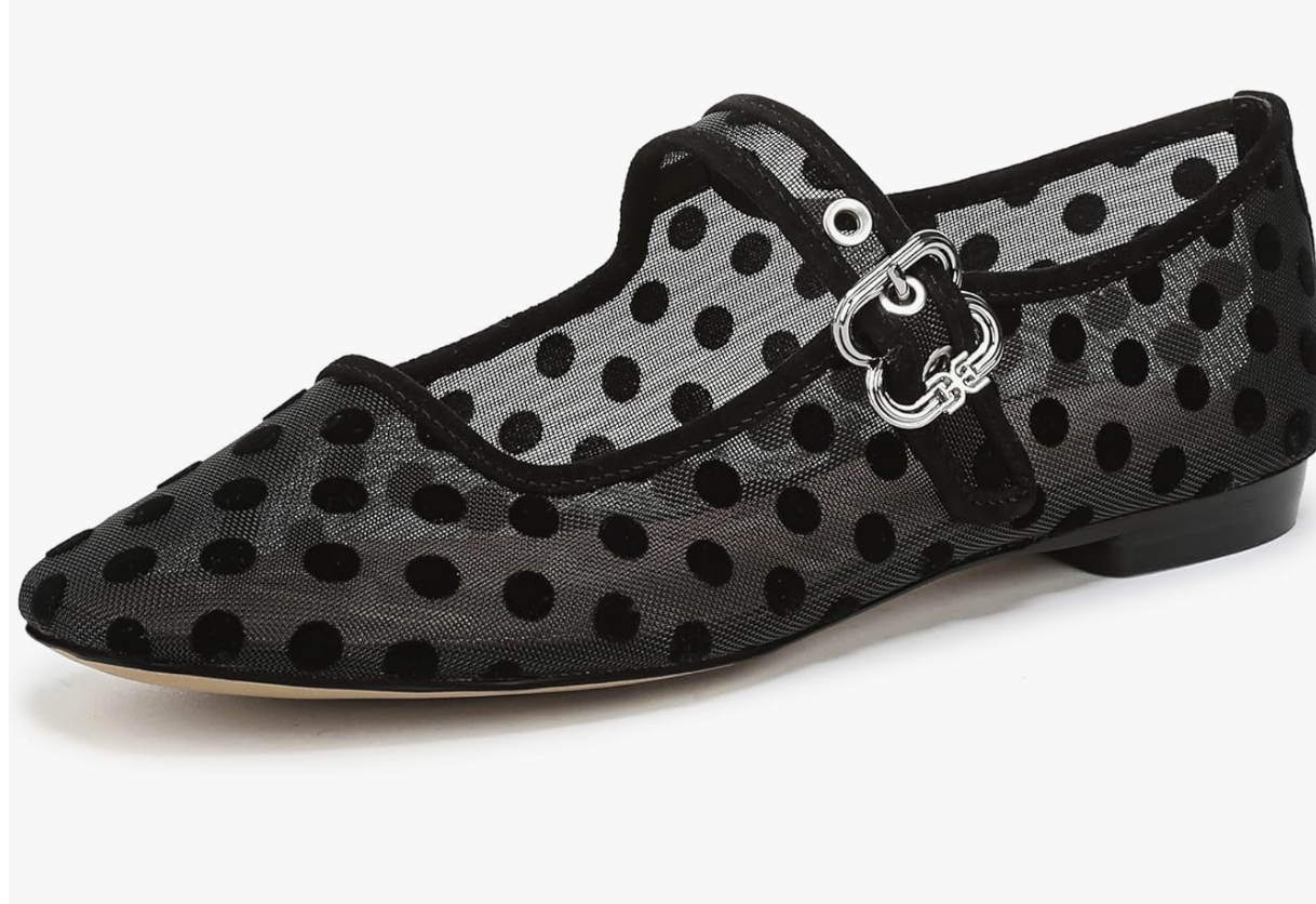 A pair of Sam Edelman Michaela mesh ballet flats in black with a subtle polka dot pattern, featuring a square toe and a delicate Mary Jane strap with a silver buckle.