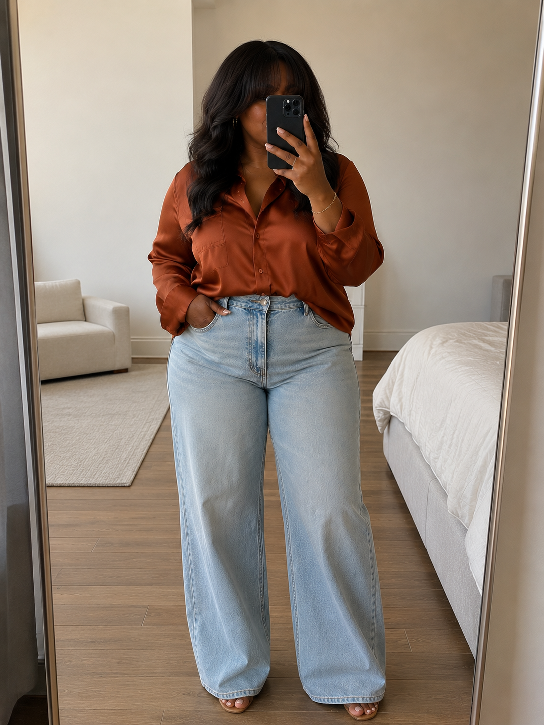 A satin blouse in rust styled for fall, featured in an Autum Love guide