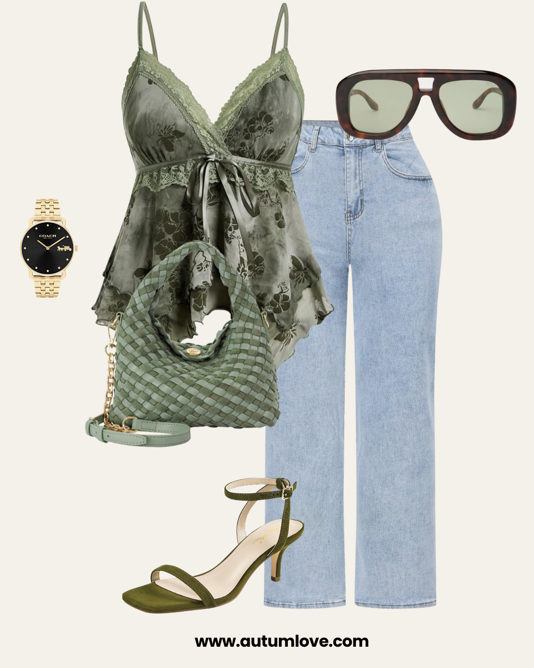 Graphic showing how to wear kitten heels with light-wash straight-leg jeans, a green floral lace camisole top, and a woven sage green handbag.