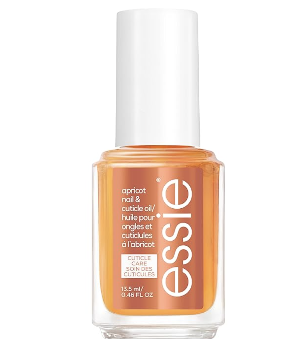 A glass bottle of Essie Apricot Nail and Cuticle Oil with a white cap and brush applicator, showing the orange-tinted oil on a transparent background.
