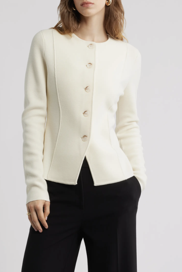 Nordstrom oatmeal merino wool sweater jacket for transitional fall weather