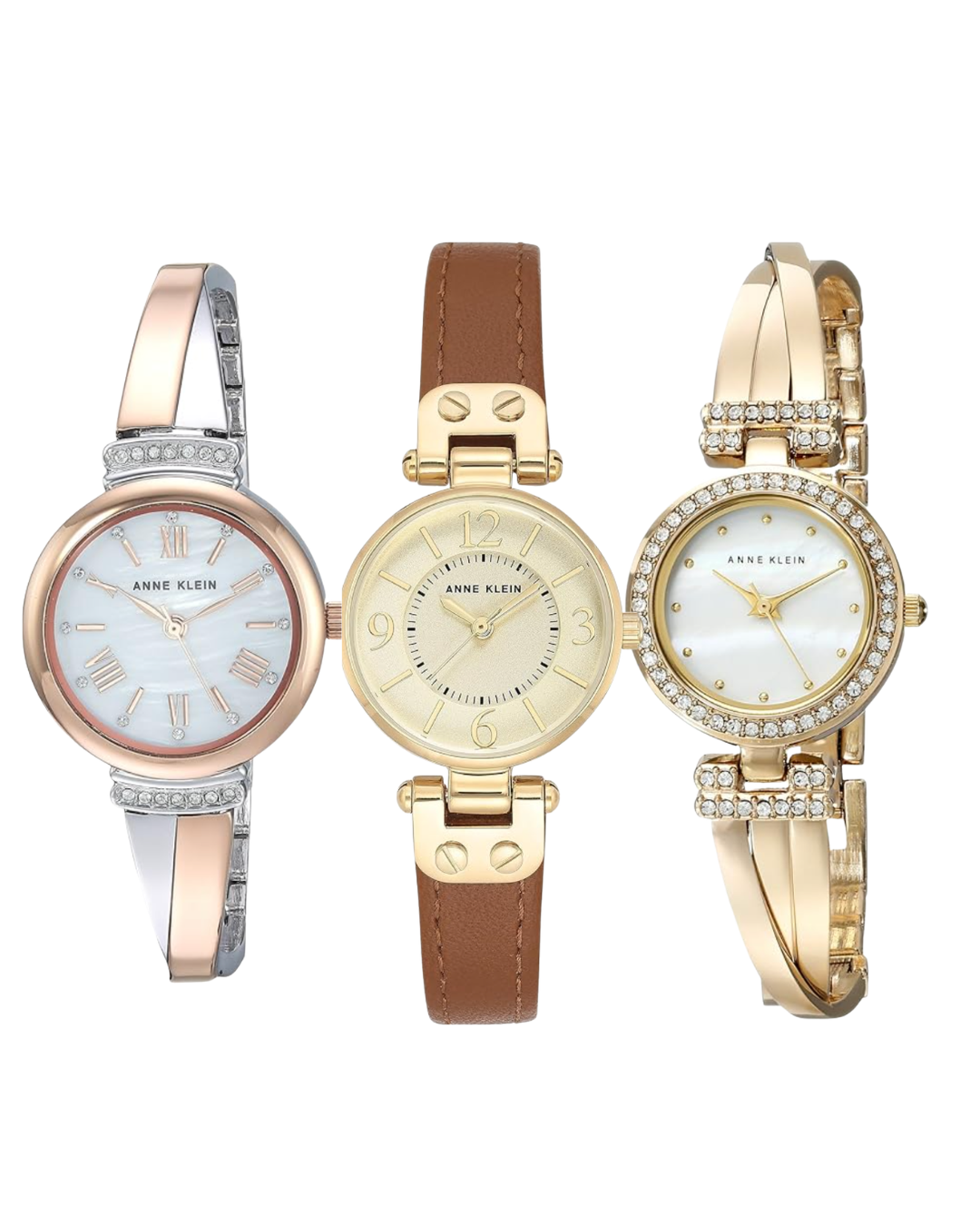 A three-piece Anne Klein watch and gold bangle set.