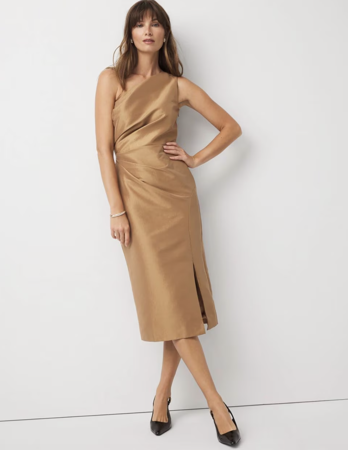 One-Shoulder Stretch Taffeta Midi Dress