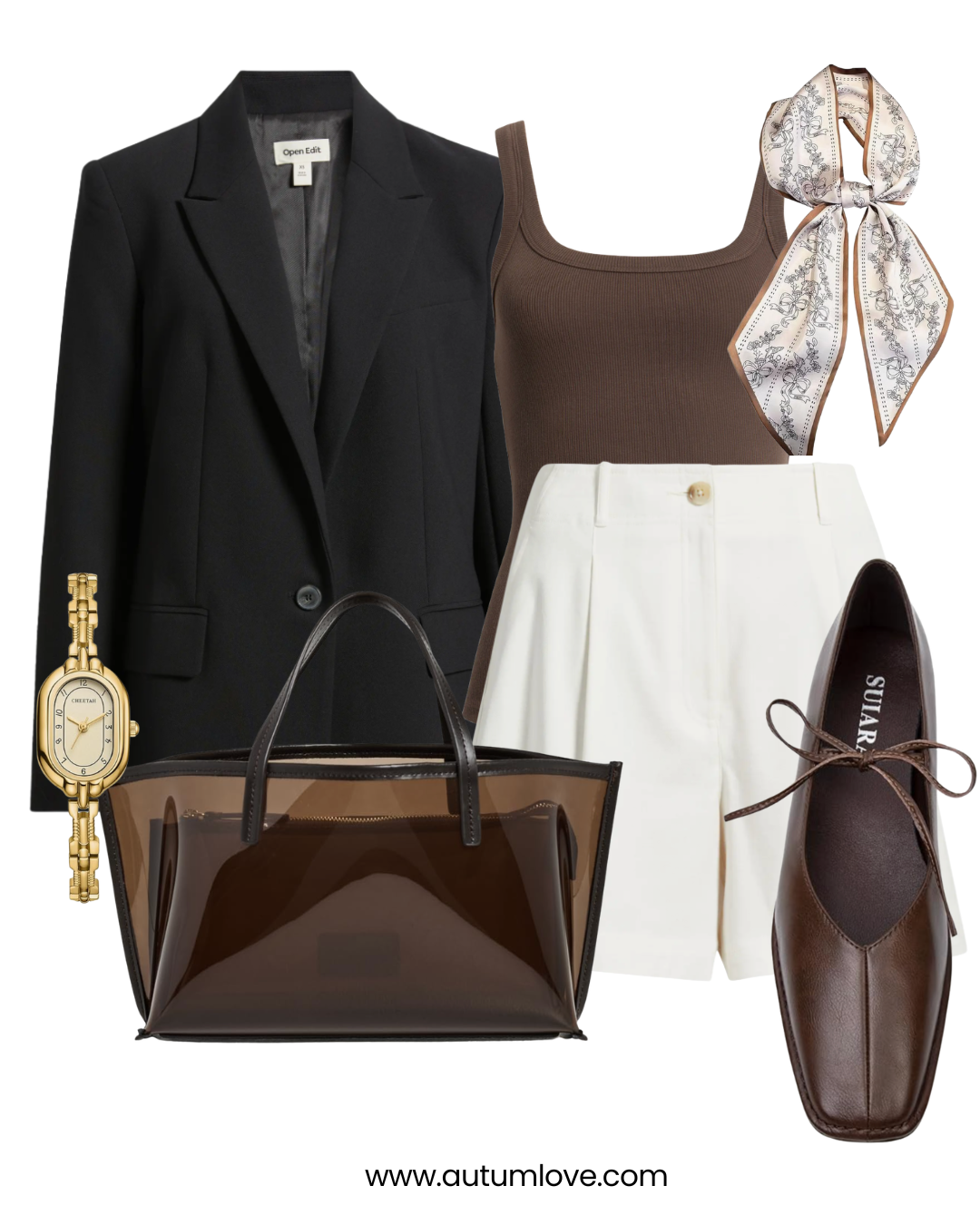 A professional summer work outfit featuring a structured black blazer, a brown tank top, white high-waisted trouser shorts, a gold watch, a brown leather tote bag, and brown leather flats.