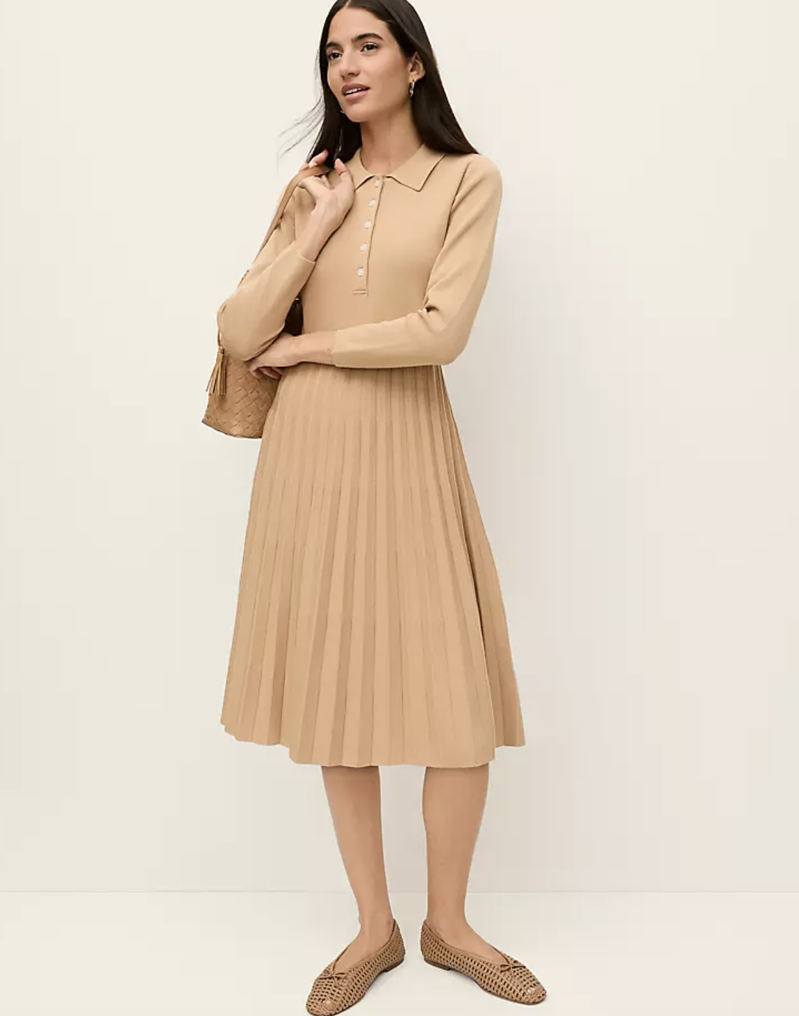 Professional stylist's pick for the Ann Taylor Pleated Polo Sweater Dress in Cafe Au Lait, featuring a ribbed polo bodice and a flowing pleated midi skirt.