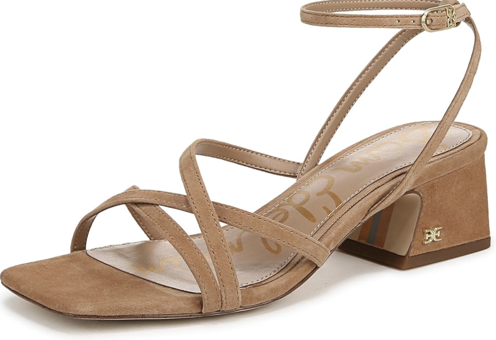A pair of tan strappy block heel sandals with multiple thin straps and a square toe, styled for a summer outfit idea.