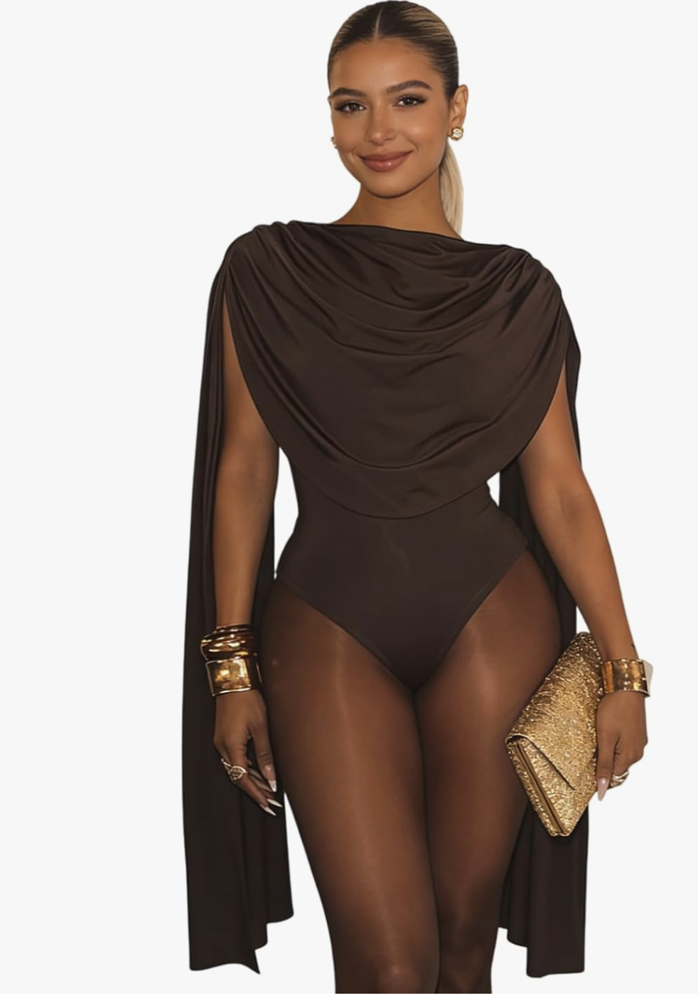 Front view of a woman wearing a chocolate brown bodysuit with a draped cowl neckline and long dramatic cape sleeves.