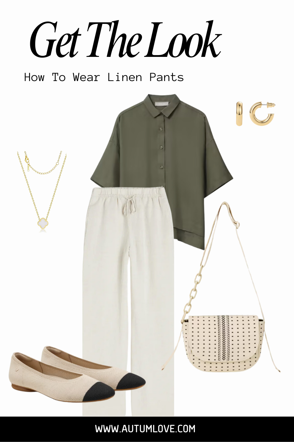 A chic summer outfit featuring white wide-leg linen pants, an olive green button-down shirt, and cream and black cap-toe ballet flats.