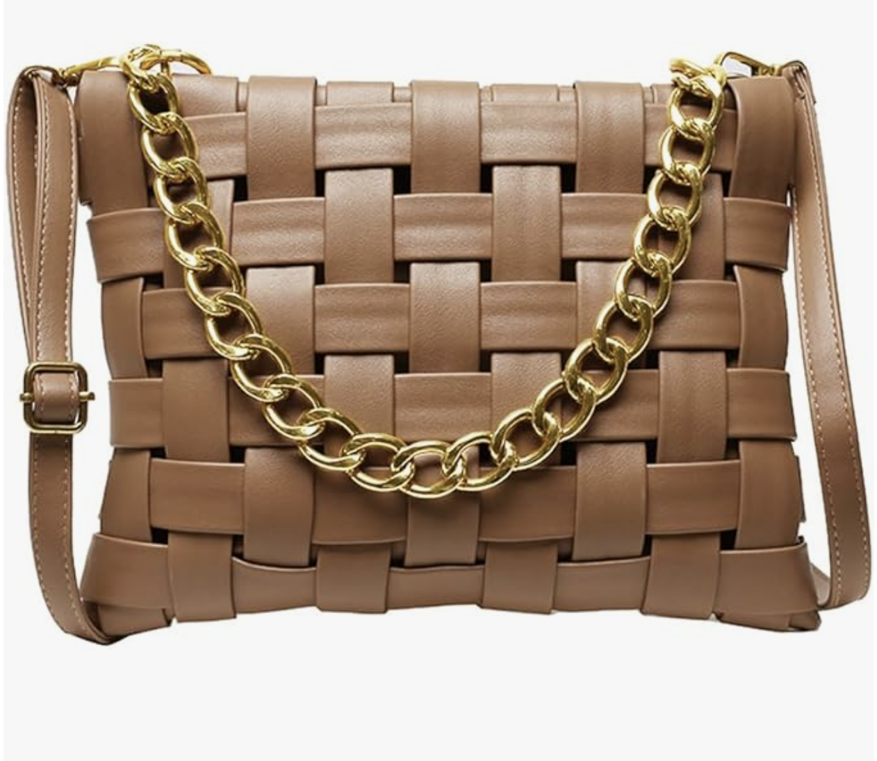 A tan woven vegan leather envelope clutch with a chunky gold chain handle and a matching leather shoulder strap.