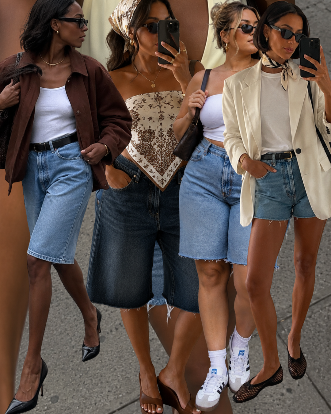 A collage of four summer outfit ideas featuring different shoe pairings with denim shorts, including pointed-toe pumps, wedge sandals, mesh flats, and athletic sneakers.